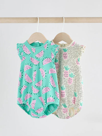 |BabyGirl| Macacão Estampado Com Babados e Frutas Para Bebês, Verde/Rosa, 100% Algodão, pacote com 2