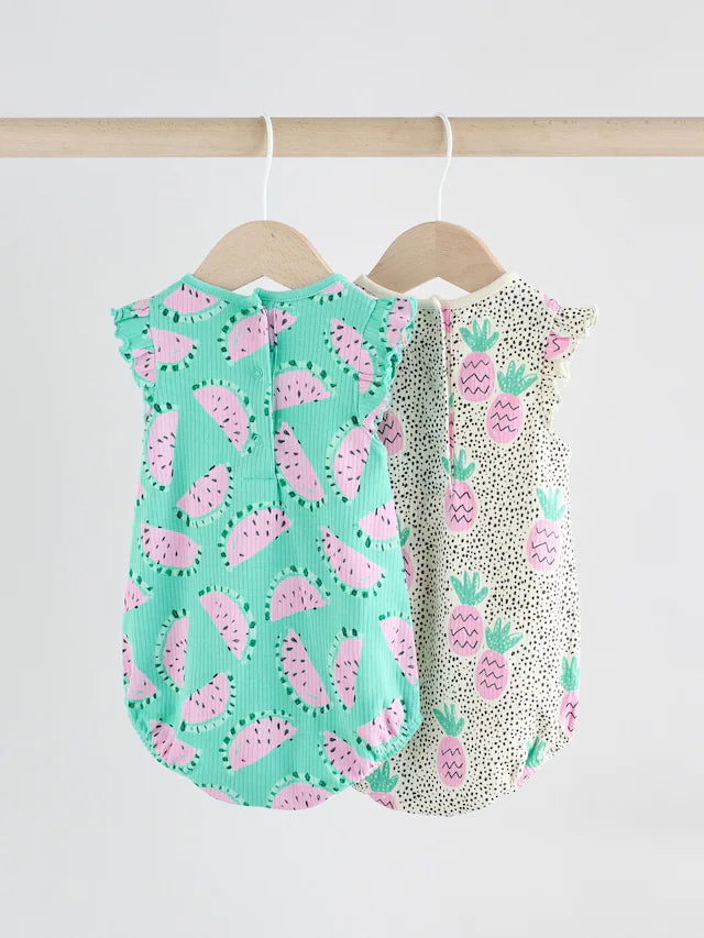 |BabyGirl| Macacão Estampado Com Babados e Frutas Para Bebês, Verde/Rosa, 100% Algodão, pacote com 2