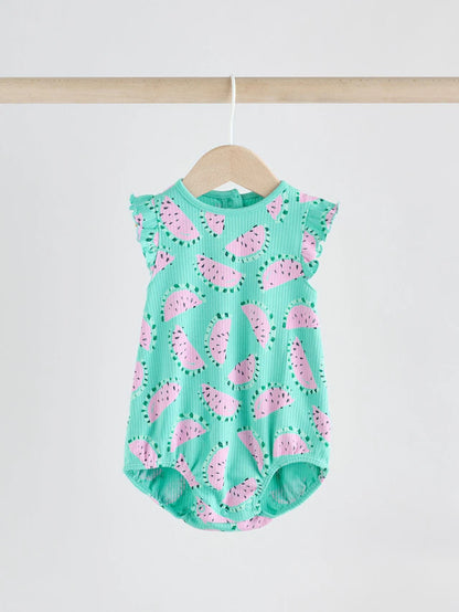 |BabyGirl| Macacão Estampado Com Babados e Frutas Para Bebês, Verde/Rosa, 100% Algodão, pacote com 2