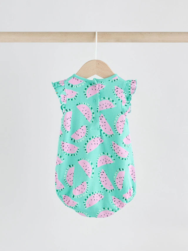 |BabyGirl| Macacão Estampado Com Babados e Frutas Para Bebês, Verde/Rosa, 100% Algodão, pacote com 2