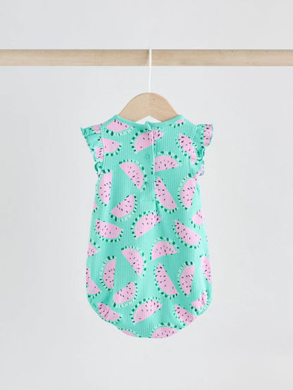 |BabyGirl| Macacão Estampado Com Babados e Frutas Para Bebês, Verde/Rosa, 100% Algodão, pacote com 2