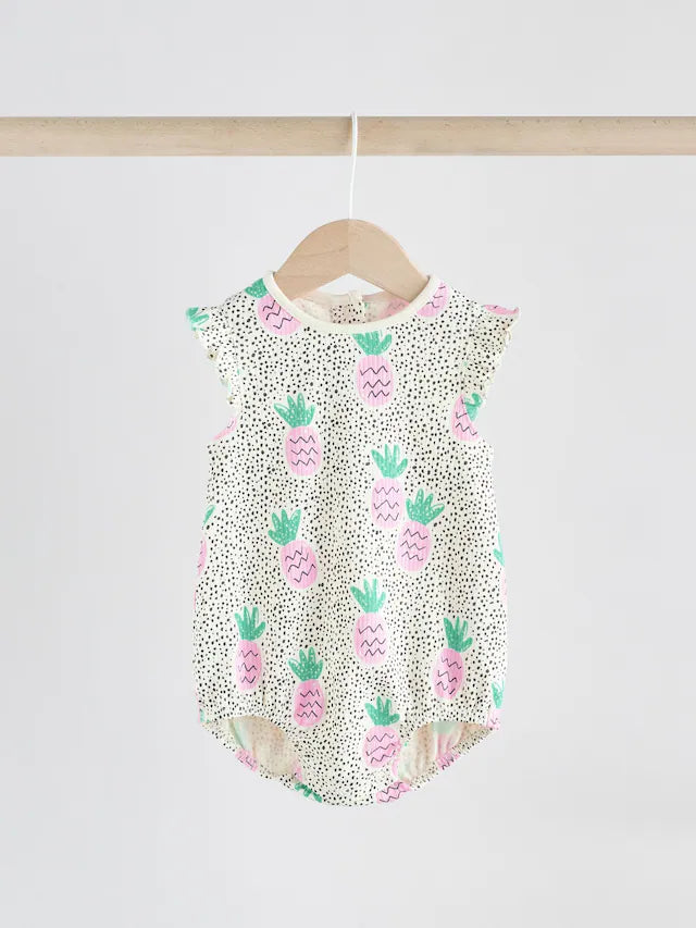 |BabyGirl| Macacão Estampado Com Babados e Frutas Para Bebês, Verde/Rosa, 100% Algodão, pacote com 2