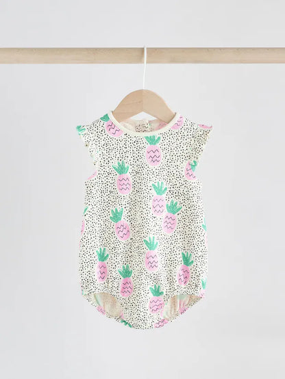 |BabyGirl| Macacão Estampado Com Babados e Frutas Para Bebês, Verde/Rosa, 100% Algodão, pacote com 2