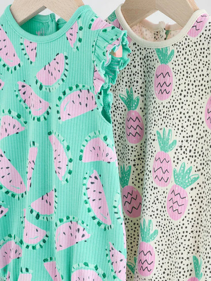 |BabyGirl| Macacão Estampado Com Babados e Frutas Para Bebês, Verde/Rosa, 100% Algodão, pacote com 2