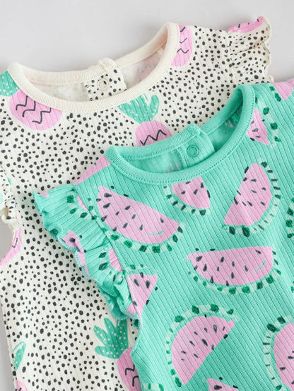 |BabyGirl| Macacão Estampado Com Babados e Frutas Para Bebês, Verde/Rosa, 100% Algodão, pacote com 2