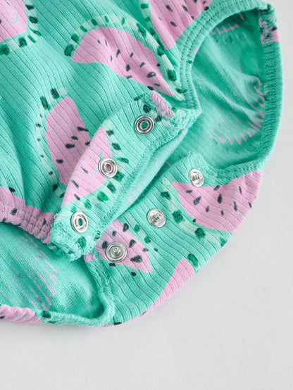 |BabyGirl| Macacão Estampado Com Babados e Frutas Para Bebês, Verde/Rosa, 100% Algodão, pacote com 2