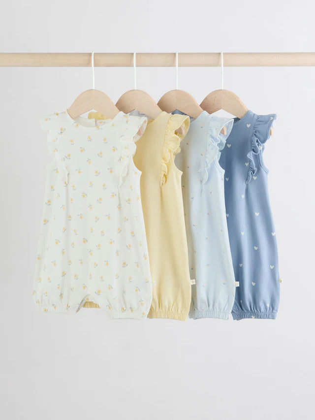 |BabyGirl| Pacote Com 4 Macacões De Bebê Com Estampa Floral Azul e Branca