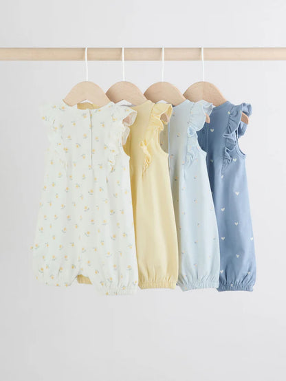 |BabyGirl| Pacote Com 4 Macacões De Bebê Com Estampa Floral Azul e Branca