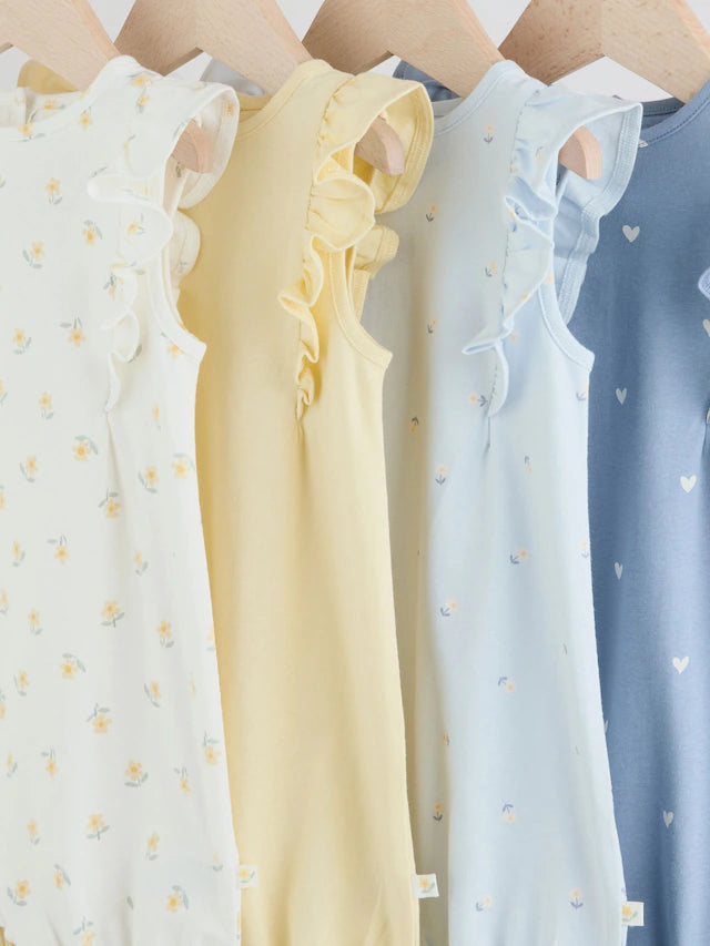 |BabyGirl| Pacote Com 4 Macacões De Bebê Com Estampa Floral Azul e Branca