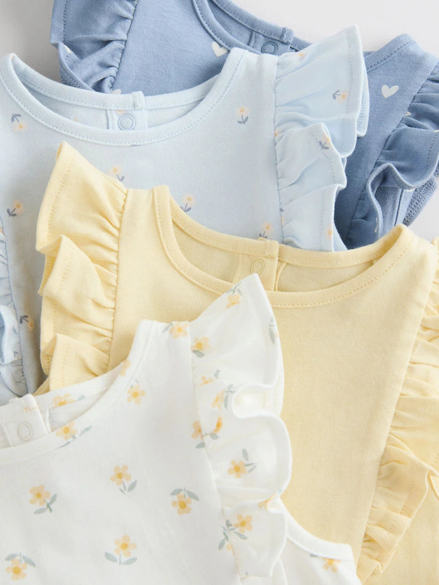 |BabyGirl| Pacote Com 4 Macacões De Bebê Com Estampa Floral Azul e Branca