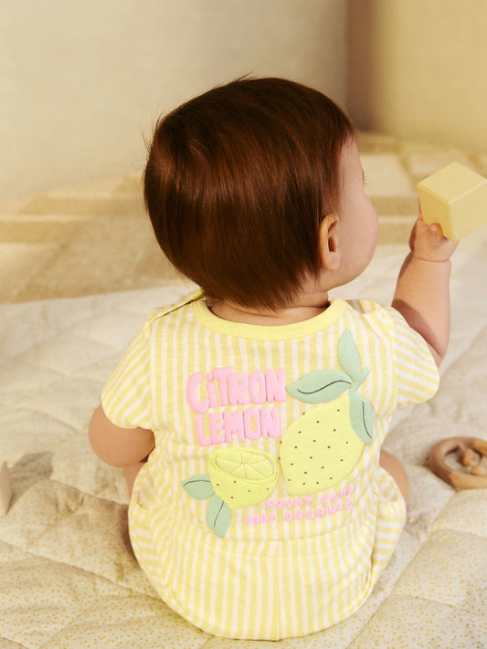 |BabyBoy| Macacão De Bebê De Malha Com Listras Amarelas e Frutas