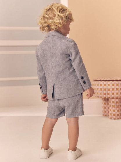 |Boy| Conjunto De Blazer, Camiseta e Shorts Em Mistura De Linho Azul (3 meses a 9 anos)