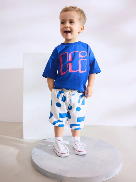 |Boy| Conjunto De Camiseta De Manga Curta e Shorts Estampados Azul Cobalto 100% Algodão (3 meses a 7 anos)