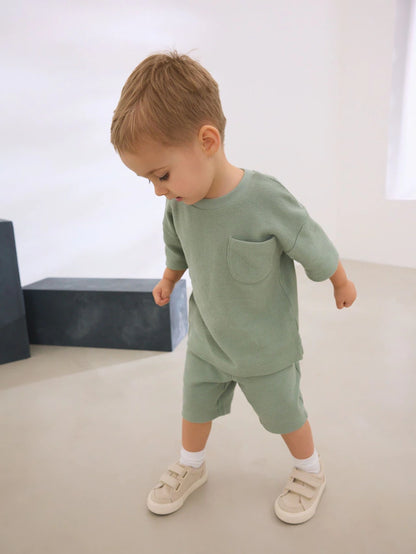 |Boy| Conjunto De Blusa e Shorts Texturizados 100% Algodão Verde Sálvia (3 meses a 7 anos)