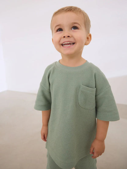 |Boy| Conjunto De Blusa e Shorts Texturizados 100% Algodão Verde Sálvia (3 meses a 7 anos)