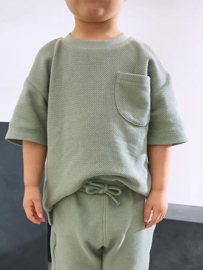 |Boy| Conjunto De Blusa e Shorts Texturizados 100% Algodão Verde Sálvia (3 meses a 7 anos)