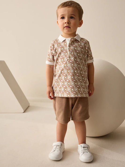 |Boy| Conjunto De Polo e Shorts De Manga Curta 100% Algodão Com Estampa Abstrata Crua (3 meses a 7 anos)