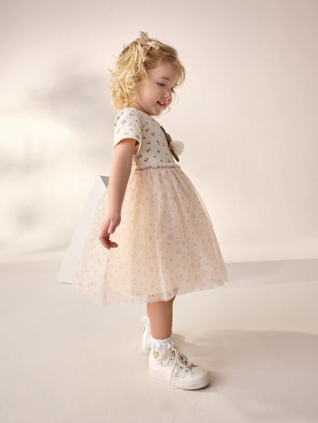 |Girl| Vestido De Festa Em Malha Canelada Com Manga Curta e Personagem Coelho Cru (3 meses a 7 anos)