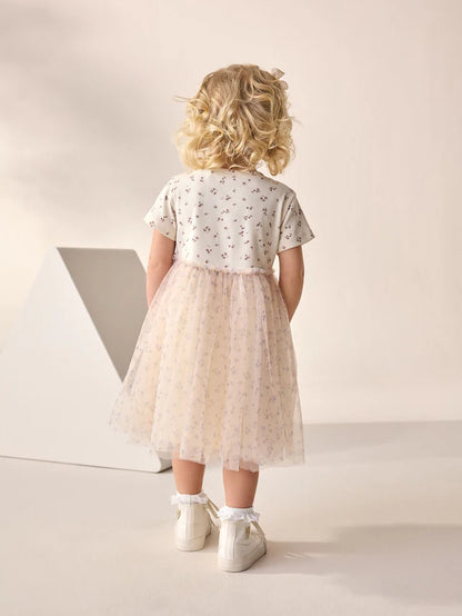 |Girl| Vestido De Festa Em Malha Canelada Com Manga Curta e Personagem Coelho Cru (3 meses a 7 anos)