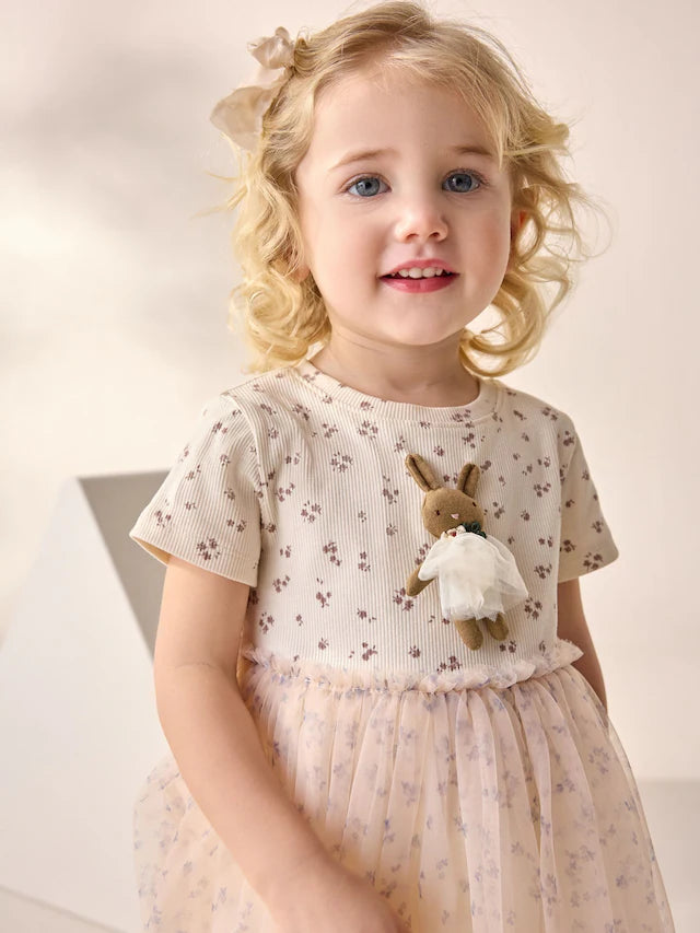 |Girl| Vestido De Festa Em Malha Canelada Com Manga Curta e Personagem Coelho Cru (3 meses a 7 anos)