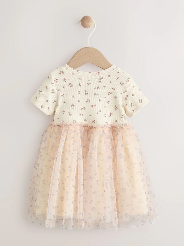 |Girl| Vestido De Festa Em Malha Canelada Com Manga Curta e Personagem Coelho Cru (3 meses a 7 anos)