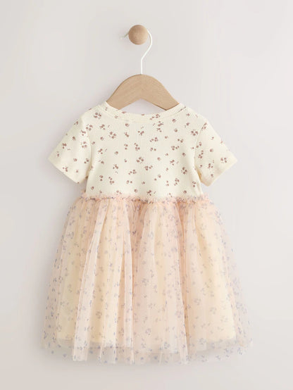 |Girl| Vestido De Festa Em Malha Canelada Com Manga Curta e Personagem Coelho Cru (3 meses a 7 anos)