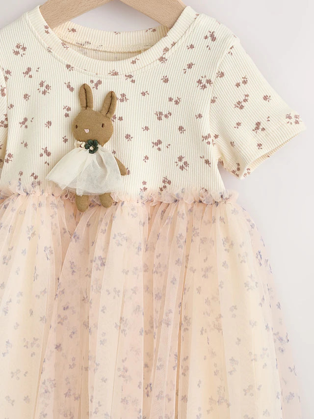 |Girl| Vestido De Festa Em Malha Canelada Com Manga Curta e Personagem Coelho Cru (3 meses a 7 anos)