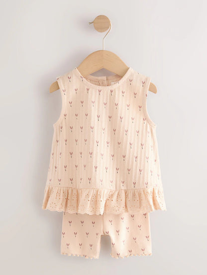 |Girl| Conjunto De Colete e Shorts Neutros Ditsy, Pacote Com 2 (3 meses a 7 anos)