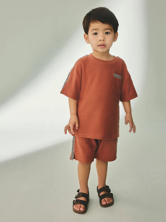 |Boy| Conjunto De Blusa e Shorts Texturizados 100% Algodão Marrom Ferrugem (3 meses a 7 anos)
