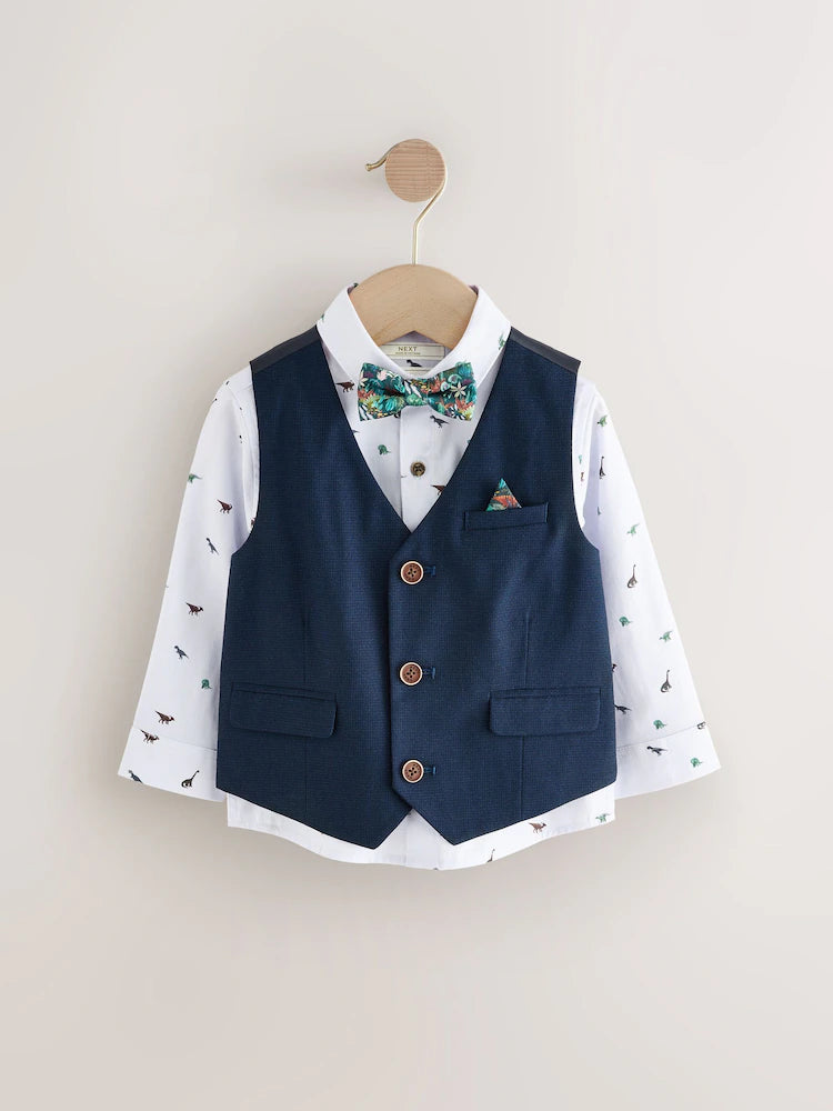 |Boy| Conjunto De Colete De Dinossauro Azul Marinho Com Camisa e Gravata Borboleta (3 meses a 7 anos)