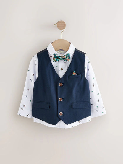 |Boy| Conjunto De Colete De Dinossauro Azul Marinho Com Camisa e Gravata Borboleta (3 meses a 7 anos)