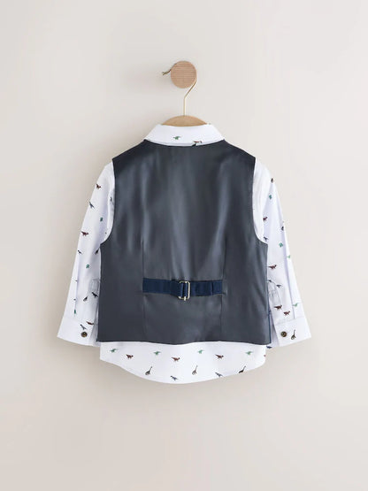 |Boy| Conjunto De Colete De Dinossauro Azul Marinho Com Camisa e Gravata Borboleta (3 meses a 7 anos)