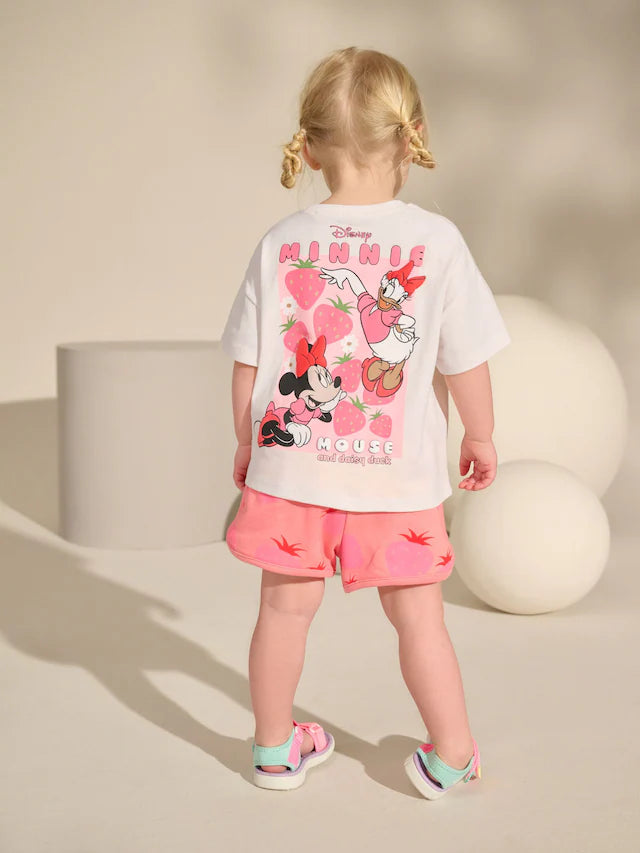 |Girl| Camiseta e Short Rosa/Branco Morango Disney Minnie Mouse e Daisy Duck (3 meses a 7 anos)