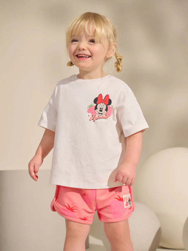|Girl| Camiseta e Short Rosa/Branco Morango Disney Minnie Mouse e Daisy Duck (3 meses a 7 anos)