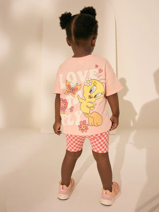 |Girl| Conjunto De Camiseta De Manga Curta e Shorts De Ciclismo Coral Pink Looney Tunes Tweety (3 meses a 7 anos)