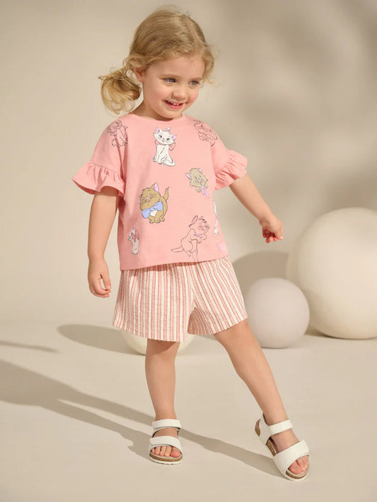 |Girl| Conjunto De Camiseta e Shorts 100% Algodão Rosa Disney Aristocats (3 meses a 7 anos)