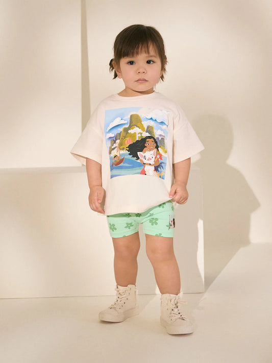 |Girl| Conjunto De Camiseta De Manga Curta e Shorts De Ciclismo Moana Da Disney Verde/Cru (3 meses a 7 anos)