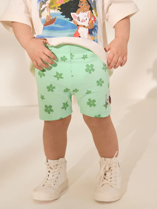 |Girl| Conjunto De Camiseta De Manga Curta e Shorts De Ciclismo Moana Da Disney Verde/Cru (3 meses a 7 anos)