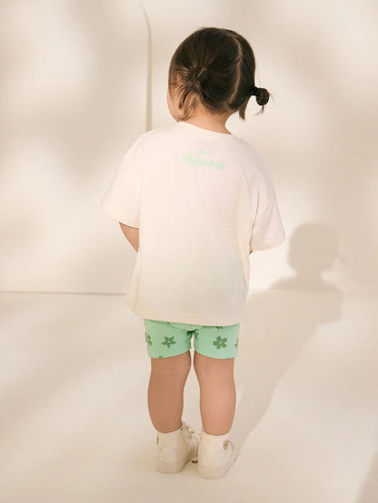 |Girl| Conjunto De Camiseta De Manga Curta e Shorts De Ciclismo Moana Da Disney Verde/Cru (3 meses a 7 anos)
