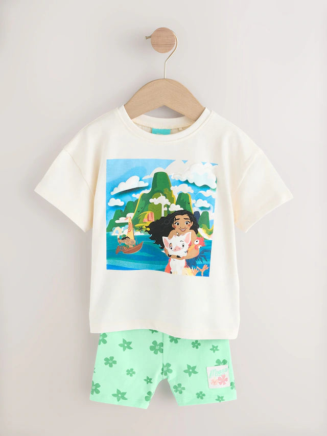 |Girl| Conjunto De Camiseta De Manga Curta e Shorts De Ciclismo Moana Da Disney Verde/Cru (3 meses a 7 anos)