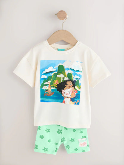 |Girl| Conjunto De Camiseta De Manga Curta e Shorts De Ciclismo Moana Da Disney Verde/Cru (3 meses a 7 anos)