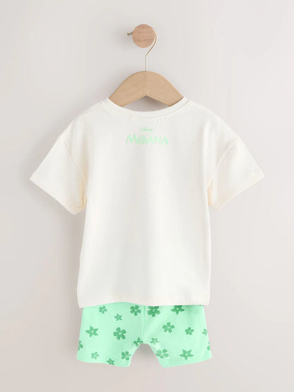 |Girl| Conjunto De Camiseta De Manga Curta e Shorts De Ciclismo Moana Da Disney Verde/Cru (3 meses a 7 anos)