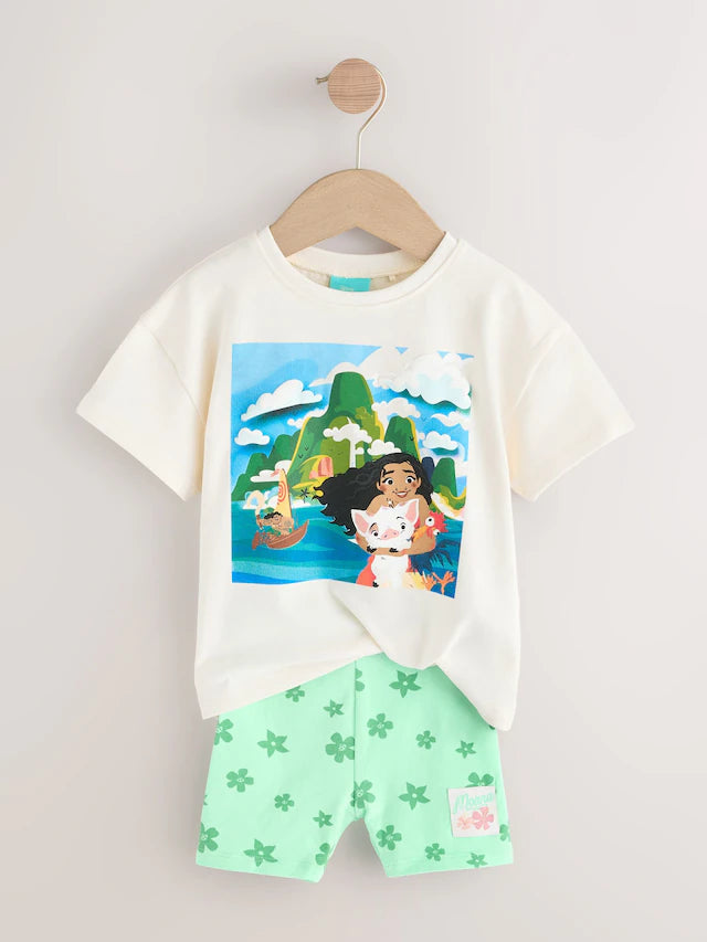|Girl| Conjunto De Camiseta De Manga Curta e Shorts De Ciclismo Moana Da Disney Verde/Cru (3 meses a 7 anos)