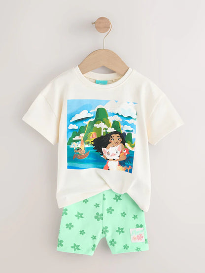 |Girl| Conjunto De Camiseta De Manga Curta e Shorts De Ciclismo Moana Da Disney Verde/Cru (3 meses a 7 anos)