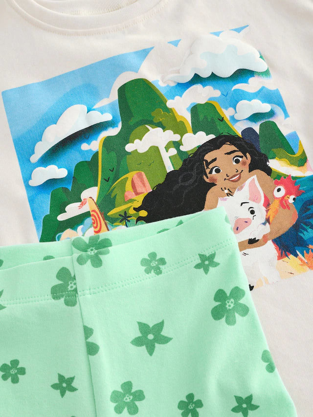 |Girl| Conjunto De Camiseta De Manga Curta e Shorts De Ciclismo Moana Da Disney Verde/Cru (3 meses a 7 anos)