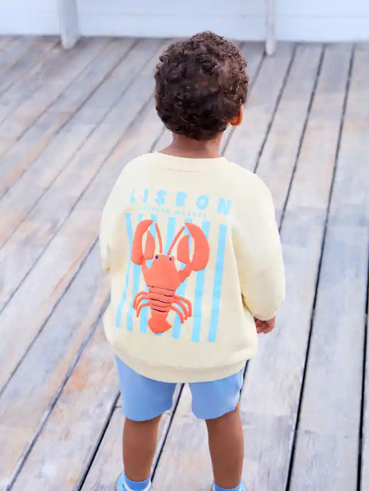 |Boy| Conjunto De Moletom e Shorts 100% Algodão Com Estampa De Lagosta Amarela/Azul (3 meses a 7 anos)