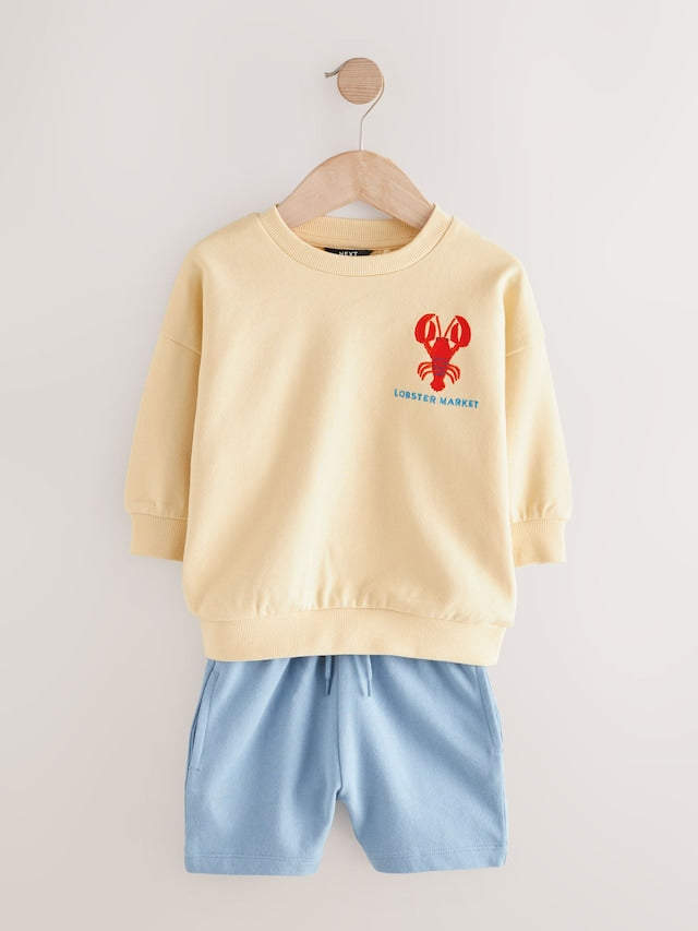 |Boy| Conjunto De Moletom e Shorts 100% Algodão Com Estampa De Lagosta Amarela/Azul (3 meses a 7 anos)