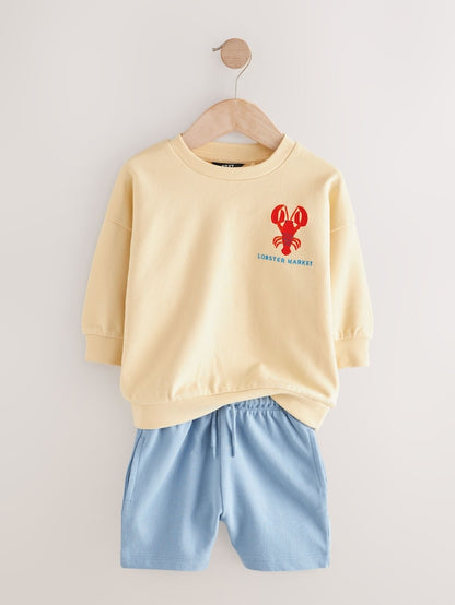|Boy| Conjunto De Moletom e Shorts 100% Algodão Com Estampa De Lagosta Amarela/Azul (3 meses a 7 anos)