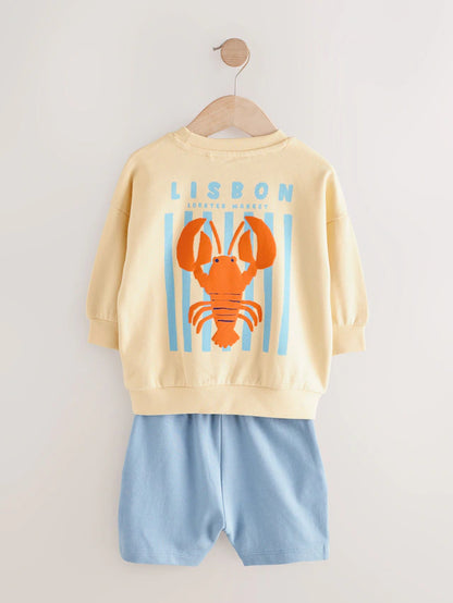 |Boy| Conjunto De Moletom e Shorts 100% Algodão Com Estampa De Lagosta Amarela/Azul (3 meses a 7 anos)