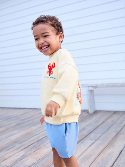 |Boy| Conjunto De Moletom e Shorts 100% Algodão Com Estampa De Lagosta Amarela/Azul (3 meses a 7 anos)